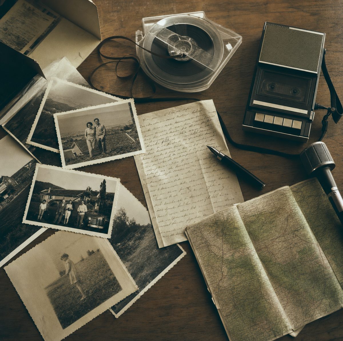 Old family photographs, a handwritten letter, a reel of audio tape, a cassette recorder, and a folded county map on an oak table.