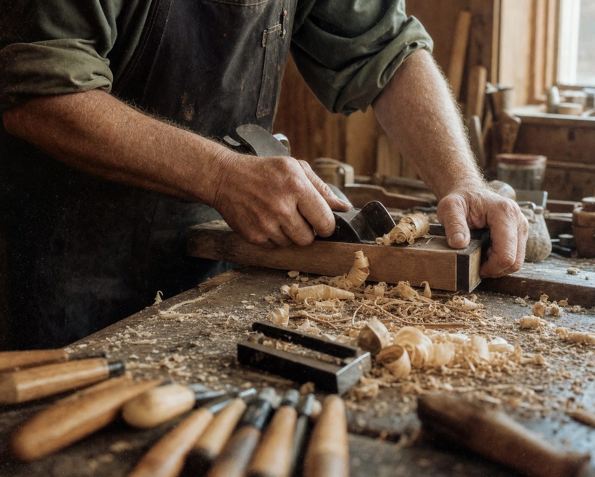 An older craftsman's hands working wood with a hand plane in a small workshop.
