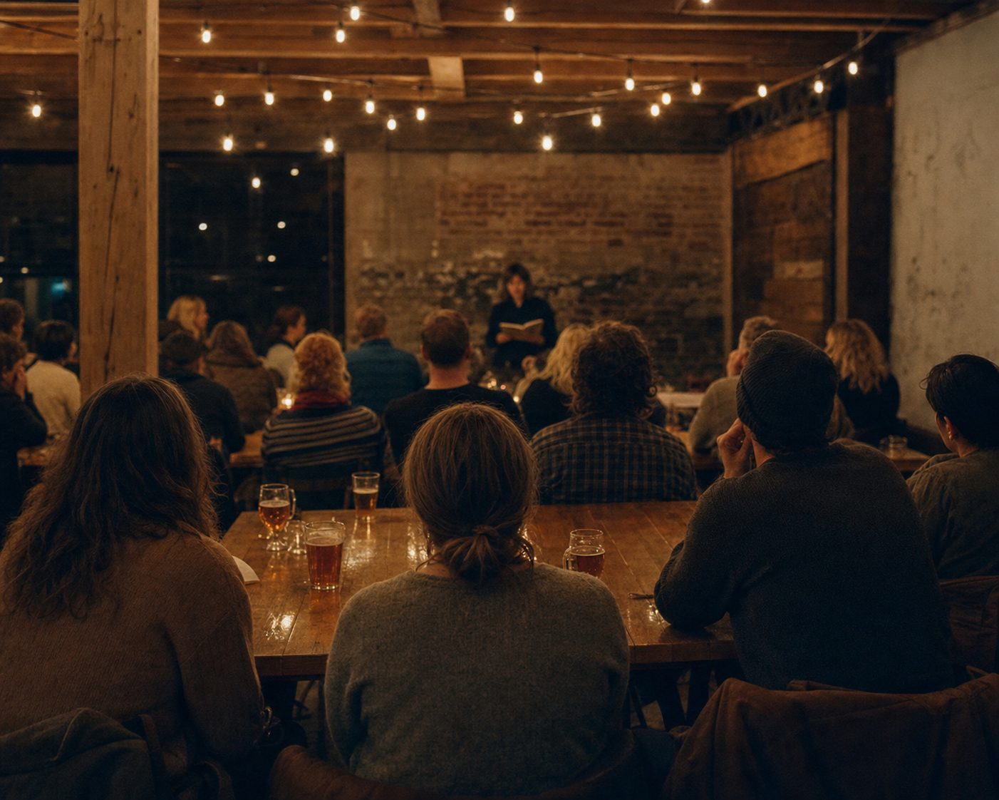 A dozen people seated at long wooden tables in a rustic taproom under strings of warm bulbs, listening to someone reading aloud.