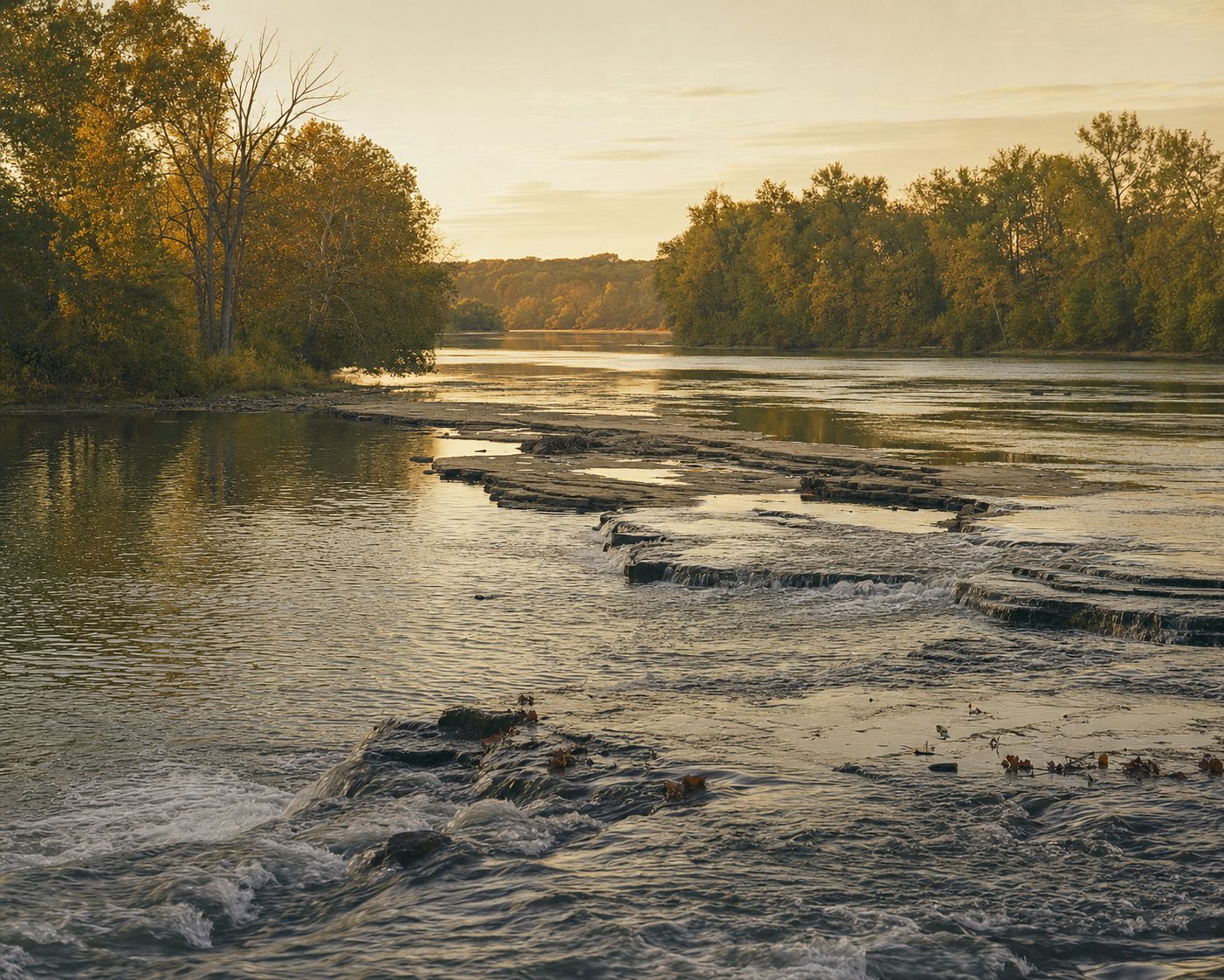 The Maumee River running low over limestone bedrock at golden hour in early autumn.