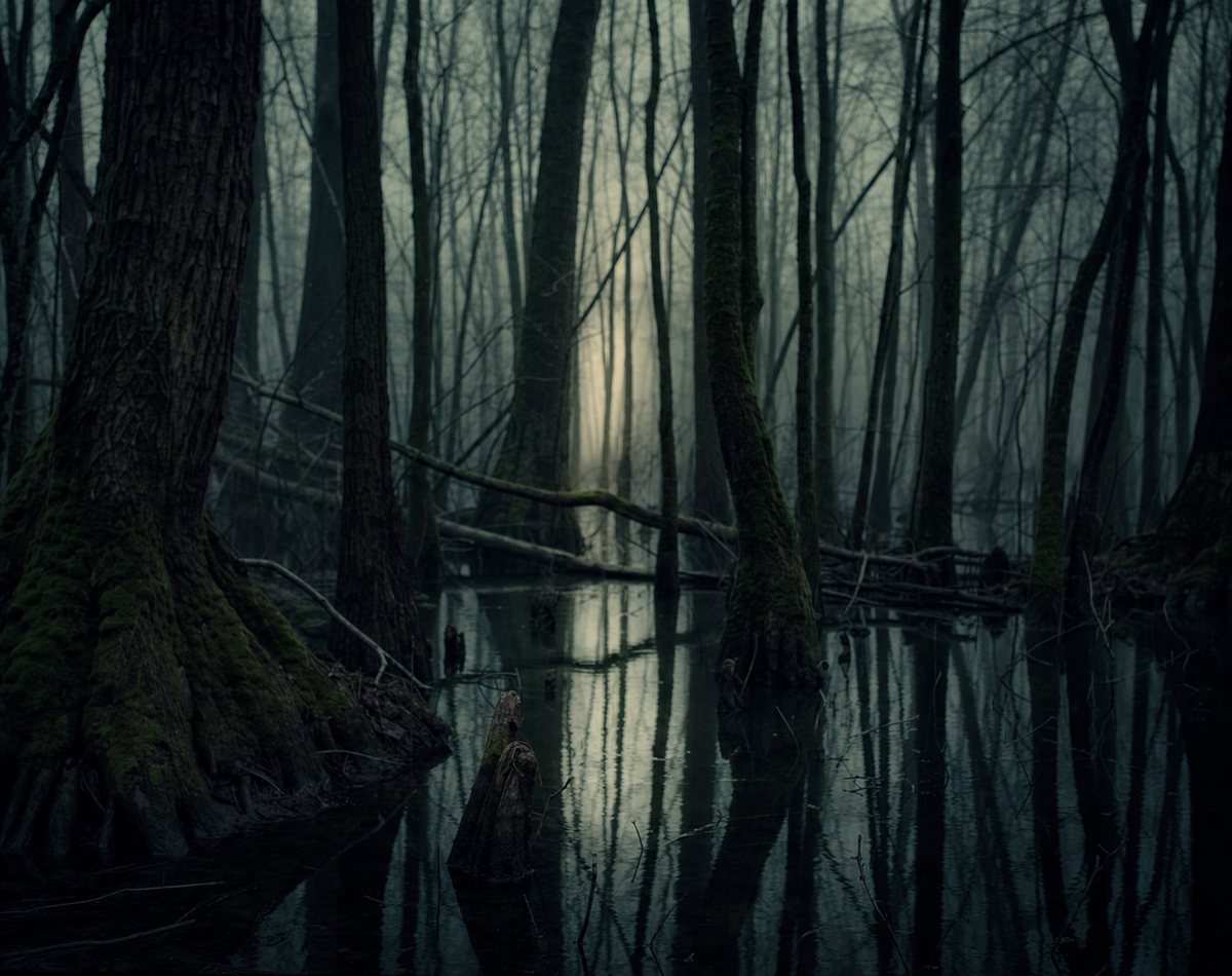 A flooded hardwood swamp forest at dusk, dark still water between mossy trunks with heavy low fog and a faint break of light in the distance.