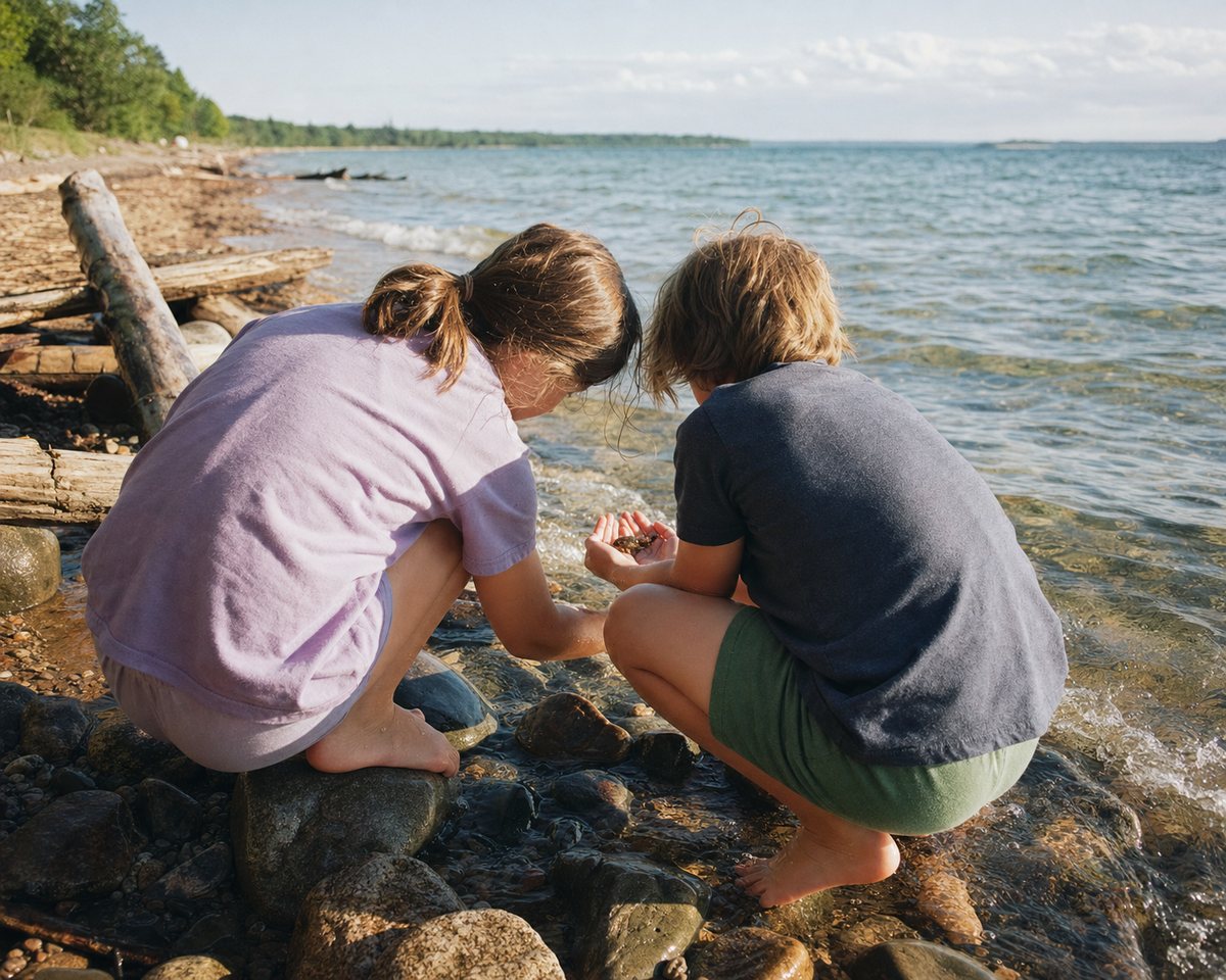 Two children crouched on the wet stones at a Great Lakes shoreline on a bright morning, examining something small held in a cupped handful of water.