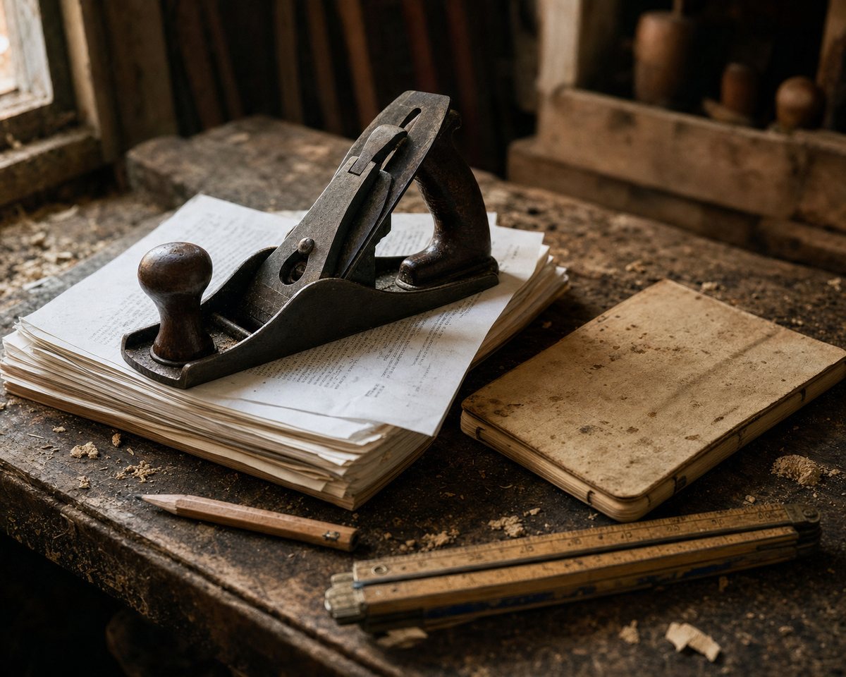 A stack of typed manuscript pages on a sawdust-covered workbench, weighted down by a steel hand plane, beside a carpenter pencil, a folding rule, and a worn notebook.