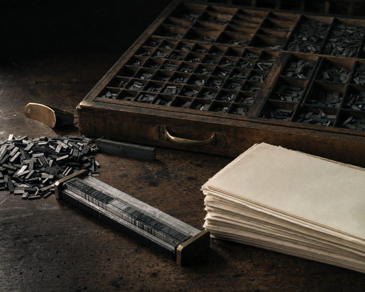 An antique letterpress type case with loose lead type, a composing stick, and a stack of uncut cream book pages.